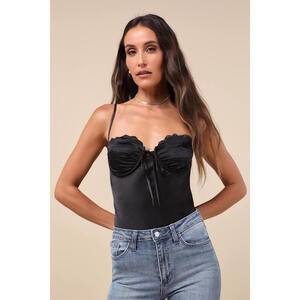 NEW Lulus Stunning Choice Black Satin Tie-front Lace Cami Bodysuit - Size XS